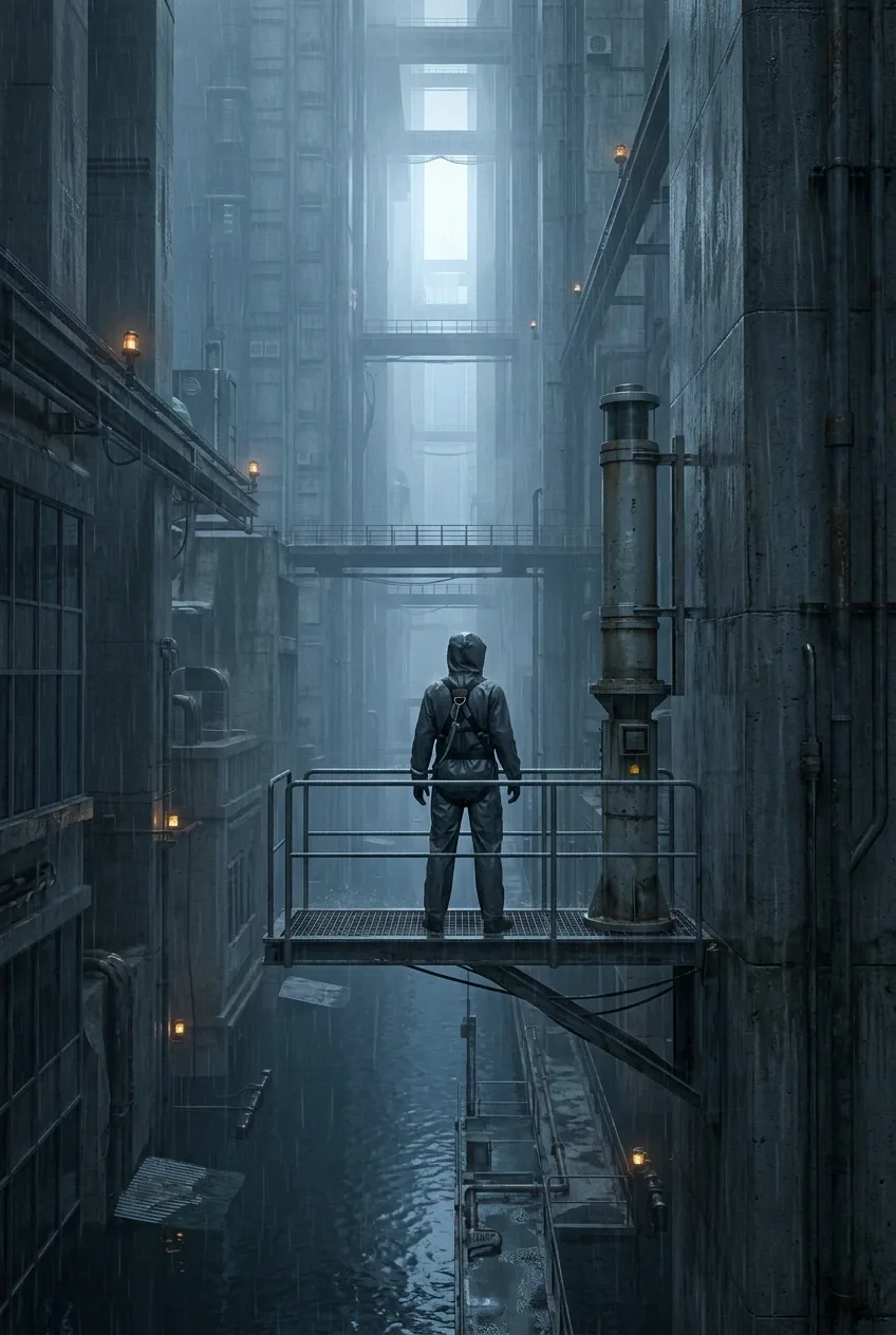 A storm beacon keeper stands on a suspended platform inside a flooded vertical city of rain-soaked concrete towers, glowing amber navigation lights, mist, and reflective water.