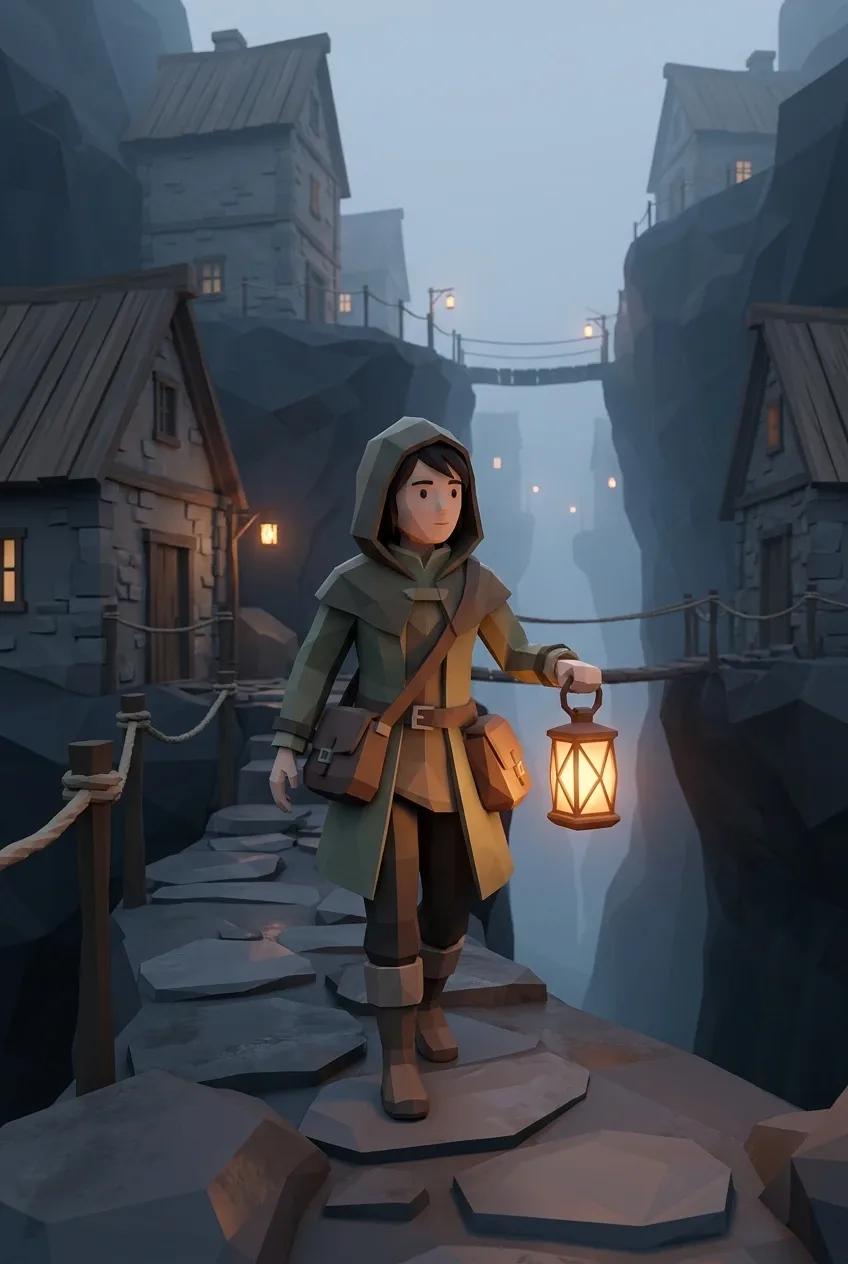 Low Poly 3D lantern keeper holding a glowing geometric lantern on a misty path through a cliffside village.