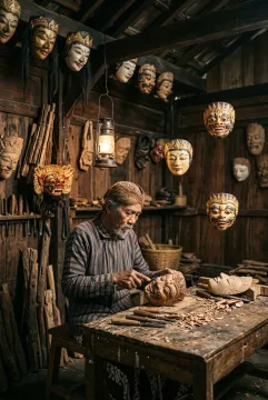 Javanese mask artisan carving a wooden ceremonial mask in a lantern-lit heritage workshop while several traditional masks float surrealistically above the workbench.