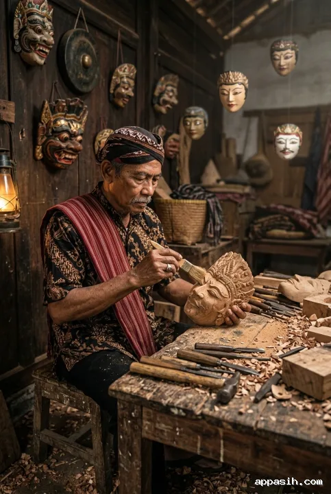 Closer surreal view of a Javanese mask artisan brushing wood dust from a carved ceremonial mask inside the same lantern-lit heritage workshop with floating traditional masks.