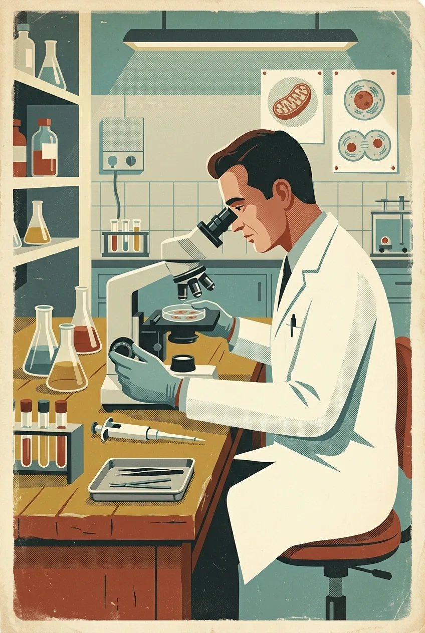 Retro vintage poster of a laboratory scientist using a microscope to examine cell cultures at a mid-century biomedical research bench.