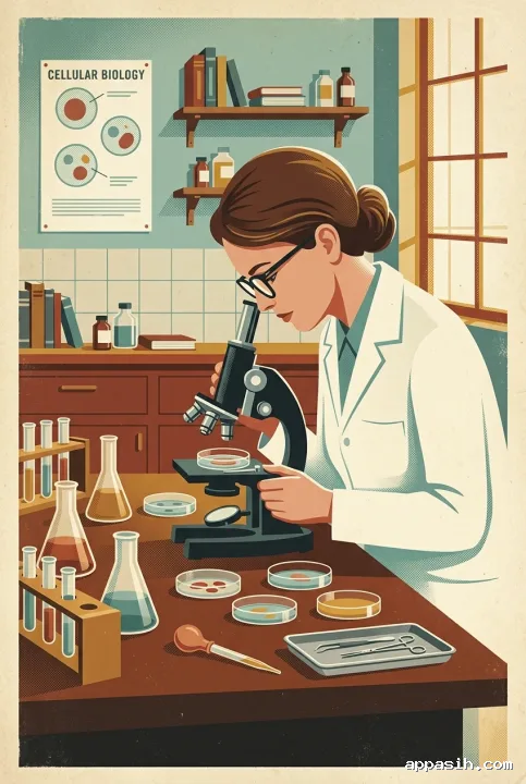 Detailed retro vintage poster of a laboratory scientist examining cell cultures through a microscope in a mid-century biomedical research laboratory.
