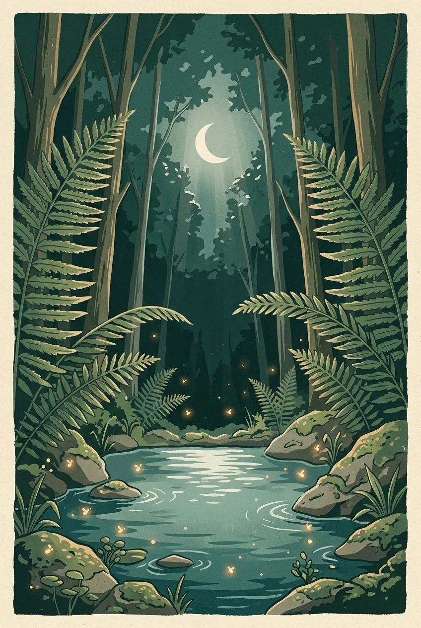 Moonlit forest spring with giant ferns, mossy stones, glowing fireflies, and reflective water in a textured Retro Illustration style.