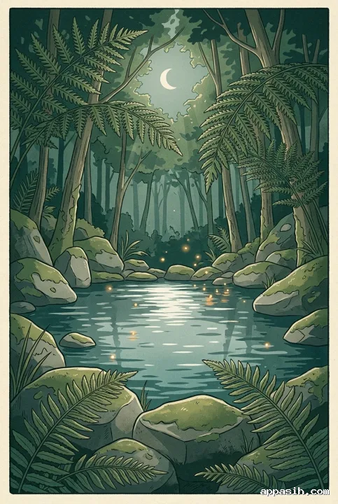 Closer moonlit view of a fern-framed forest spring with mossy stones, fireflies, and silver water reflections in Retro Illustration style.