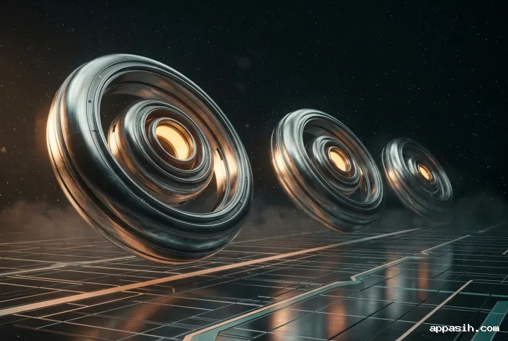 Low three-quarter view of three chrome orbital rings with amber glowing cores above a reflective retro futurist grid with analog metallic textures and atmospheric haze.