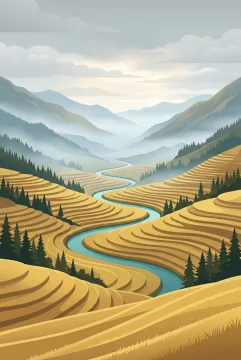 Turquoise river winding through golden highland terraces beneath misty mountain ridges in a vertical vector landscape illustration.