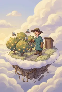 Cartoon sky gardener watering glowing fruit trees in a floating cloud orchard above sunset clouds.