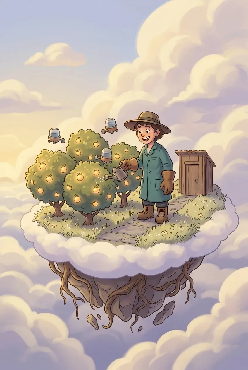 Cartoon sky gardener watering glowing fruit trees in a floating cloud orchard above sunset clouds.