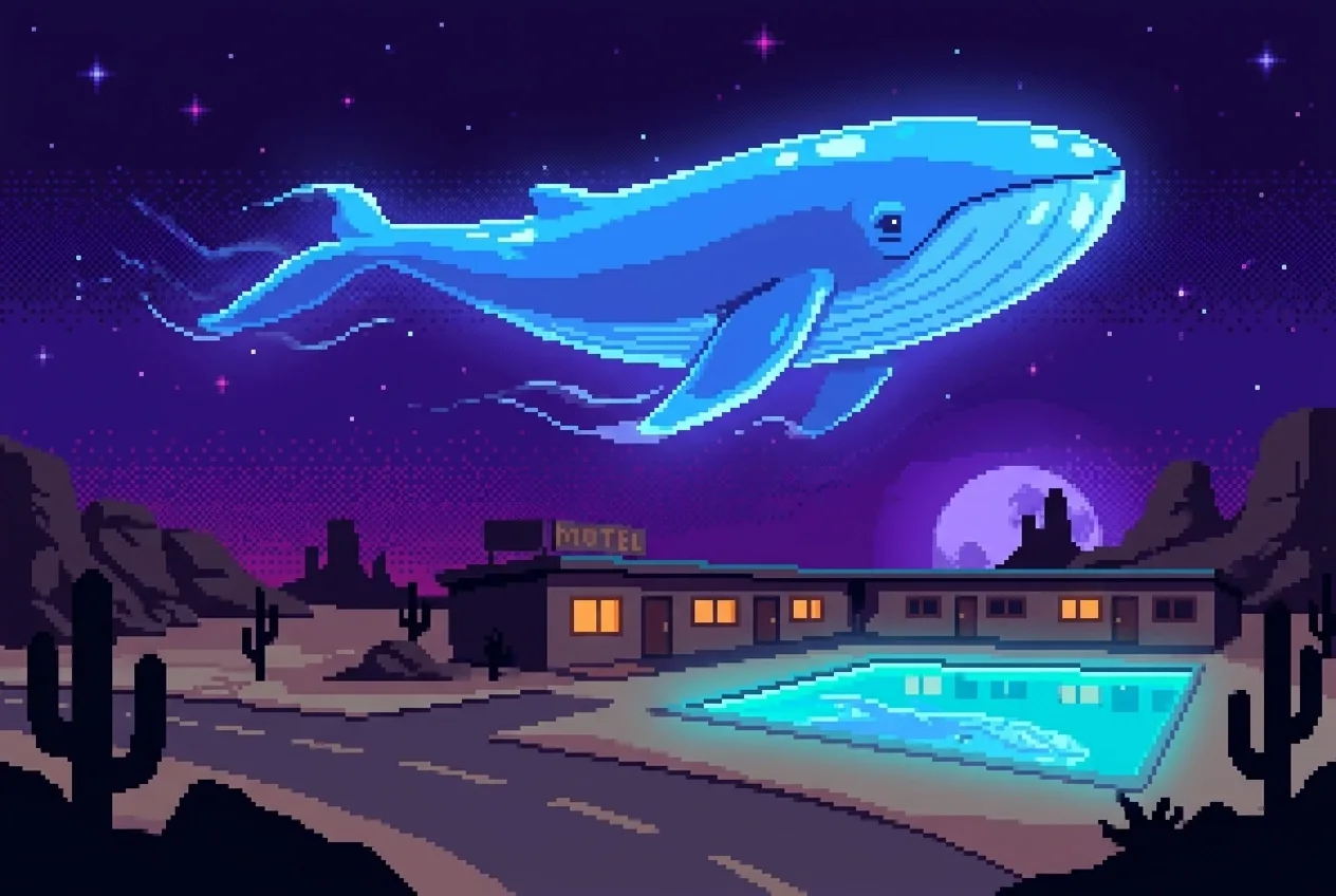 Luminous blue whale floating above a desert motel, glowing turquoise pool, cactus silhouettes, and violet starry sky in Retro Pixel Art.