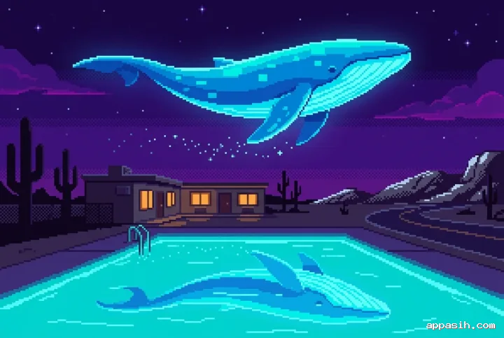 Closer Retro Pixel Art view of a luminous blue whale gliding above a desert motel and turquoise pool under a violet starry sky.