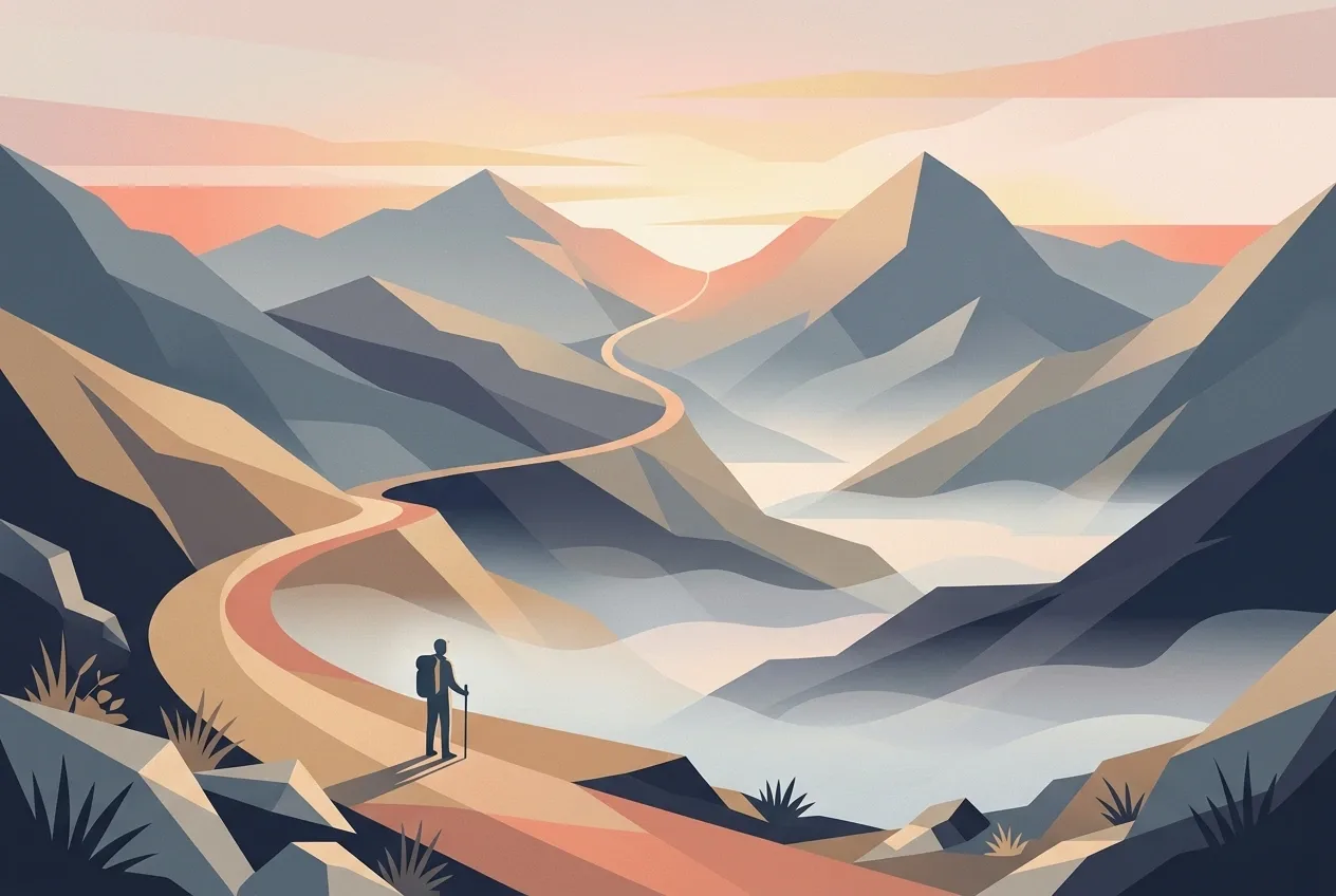 Abstract graphic illustration of a lone traveler beside a winding mountain pass at dawn with geometric peaks and mist-filled valleys.