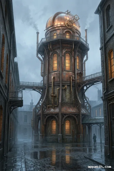 Low-angle steampunk observatory tower with oxidized copper machinery, rain-darkened brick arches, glowing windows, steam, and reflective paving in the same industrial courtyard.