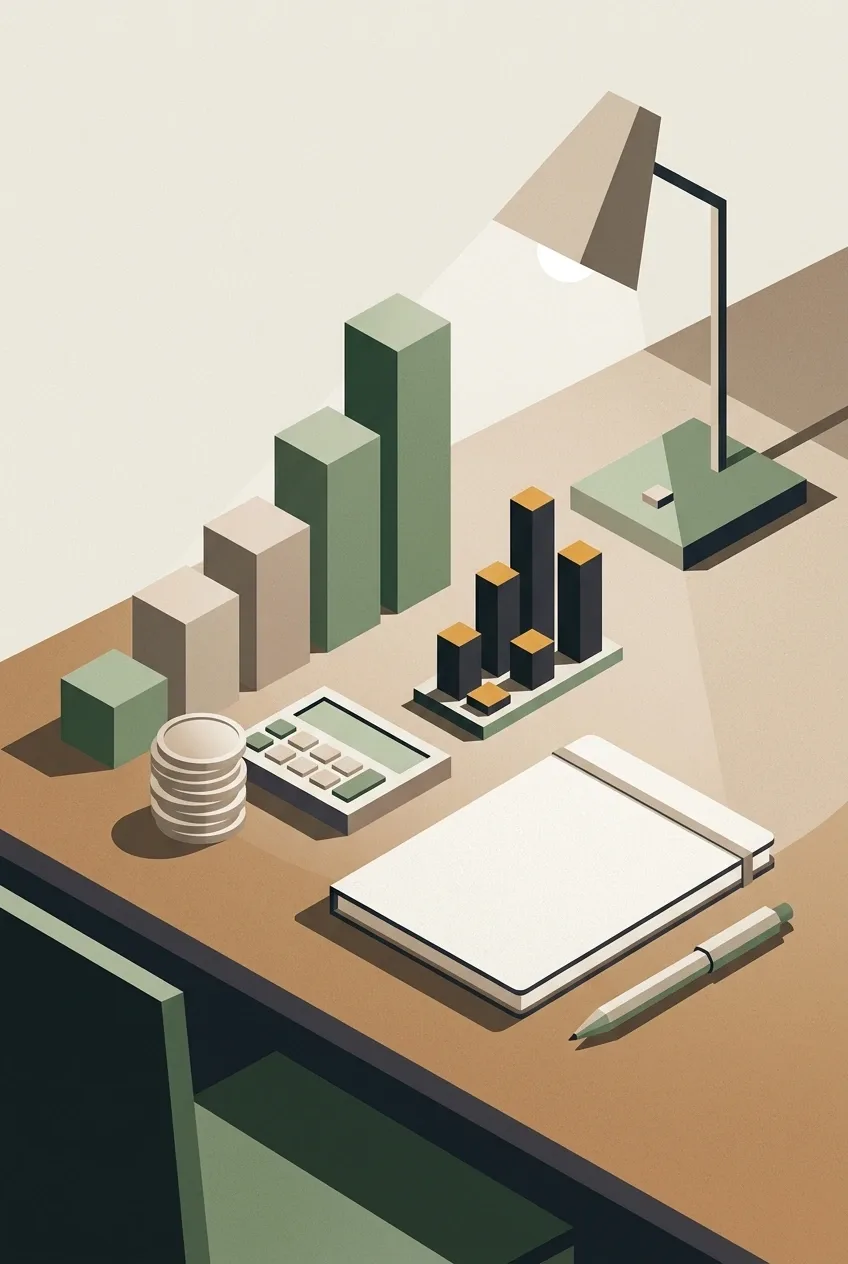 Geometric graphic illustration of a financial planning desk with ascending growth blocks, coin-like discs, chart forms, and organized business tools.