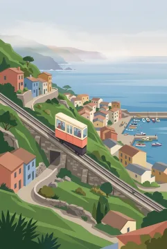 Flat 2D illustration of a cliffside funicular descending toward a misty coastal village and calm blue bay.