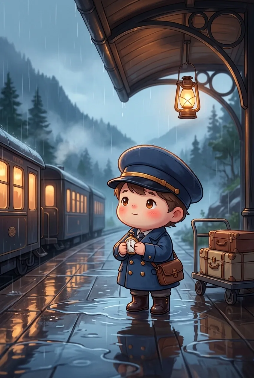 Kawaii cartoon train conductor beside a small night train at a rainy mountain station with warm lantern reflections and misty pine-covered slopes.