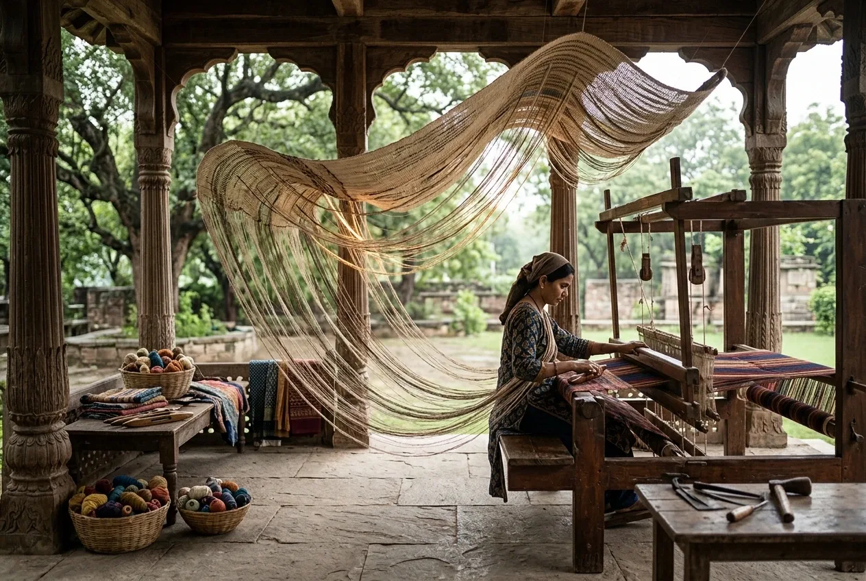 Heritage textile artisan weaving at a wooden handloom beneath a surreal floating woven canopy inside a carved timber pavilion.
