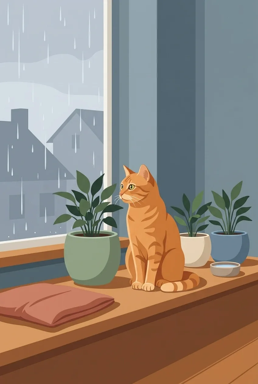 Flat 2D illustration of a curious ginger cat sitting beside a rainy window with green houseplants in a cozy apartment.