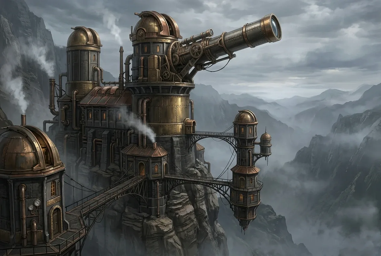Steampunk cliffside observatory with brass telescope towers, copper pipes, stone halls, suspended walkways, and misty mountains.