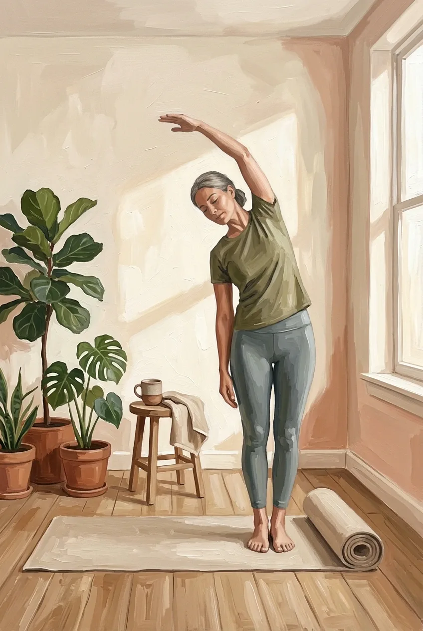 A person doing a gentle morning mobility stretch beside a mat and indoor plants in a sunlit wellness room, depicted as an acrylic painting.