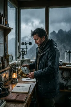 Cinematic portrait of a rain observatory keeper examining a brass barometer inside a remote mountain weather station with fogged windows and storm clouds outside.
