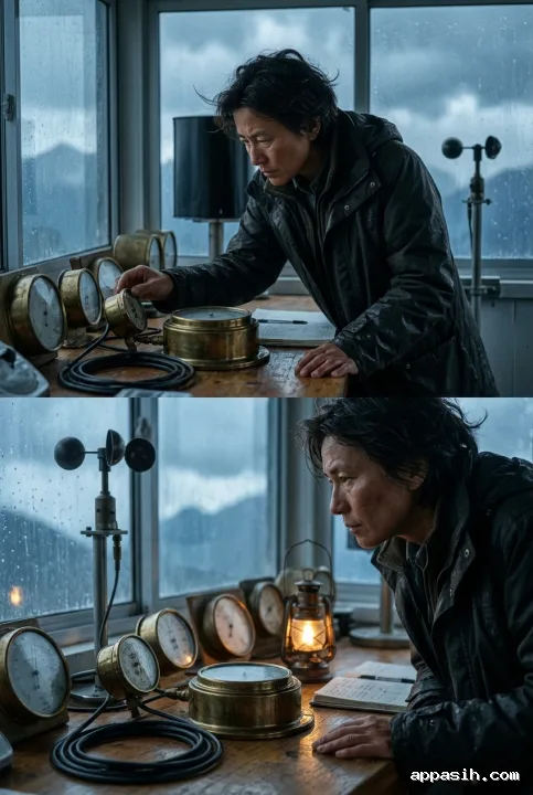 Cinematic close portrait of the same rain observatory keeper adjusting a brass weather instrument inside the stormy mountain station, lit by cold window light and a warm lantern.