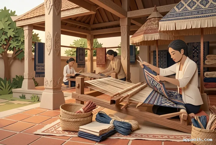 Closer Mixed Media Paper Cut / Papercraft view of artisans weaving textiles in the same ancestral courtyard beneath layered ceremonial canopies and carved timber architecture.