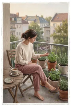 Pastel painting of a woman drinking tea and tending potted herbs on a quiet apartment balcony in soft morning light.