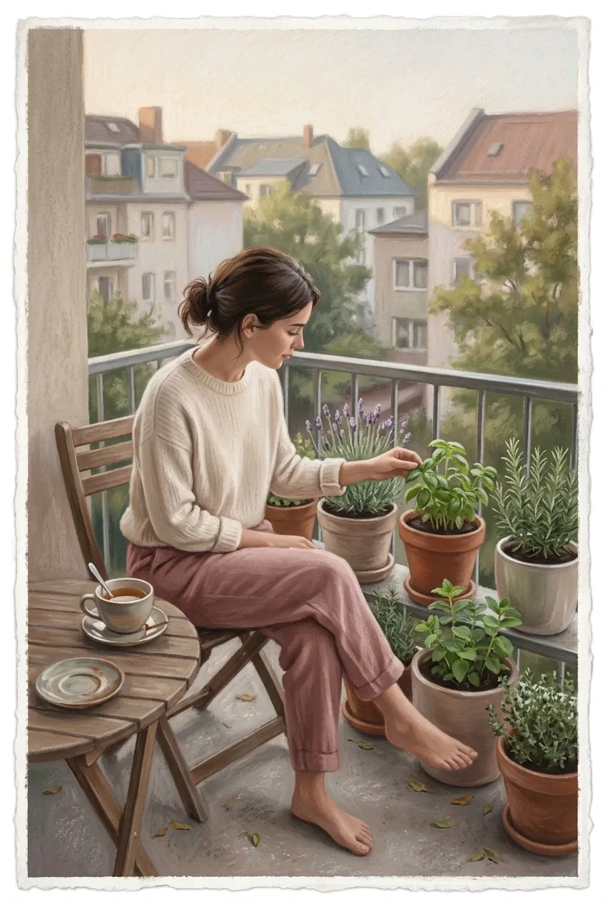 Pastel painting of a woman drinking tea and tending potted herbs on a quiet apartment balcony in soft morning light.