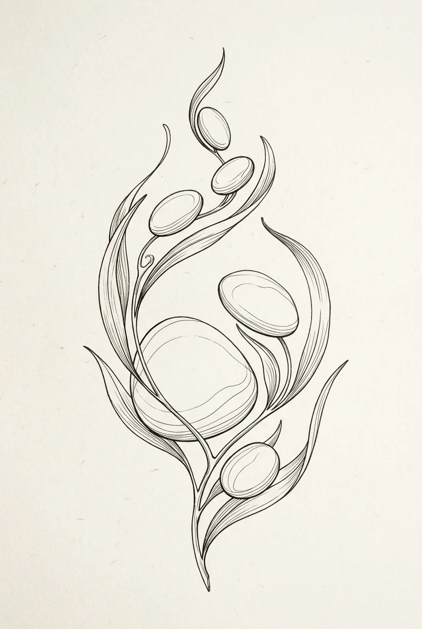 Abstract botanical line art with five suspended stone-like oval forms surrounded by flowing leaves and curling stems on warm off-white paper.
