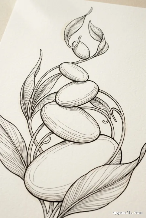 Closer abstract botanical line art showing five suspended stone-like oval forms among flowing leaves and curling stems with fine hatching on warm textured paper.
