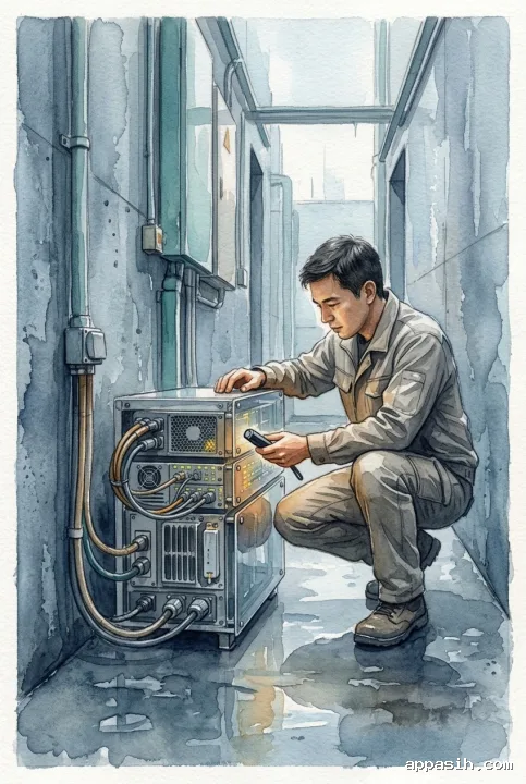 Detailed watercolor painting of a technician maintaining the same modular edge computing sensor hub inside a rain-dampened urban utility corridor.