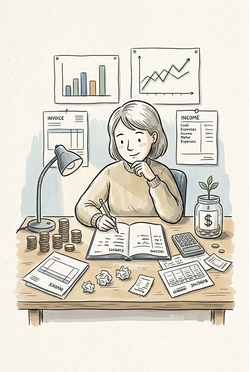 Hand-drawn doodle of a small business owner planning cash flow at a desk with coins, calculator, invoices, charts, savings jar, and budgeting sheets.