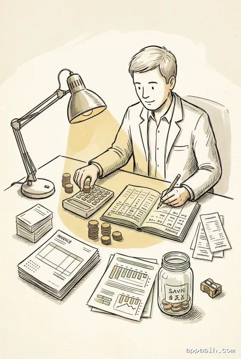 Closer hand-drawn doodle view of a small business owner organizing coins while planning cash flow with a calculator, ledger, invoices, charts, and savings jar.