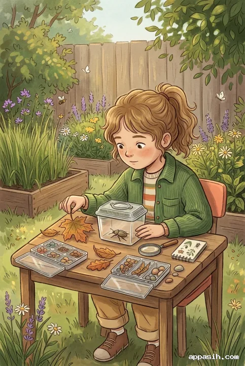 Young explorer closely examining a beetle, leaf, and natural specimens at a backyard study table in a textured children's book illustration.