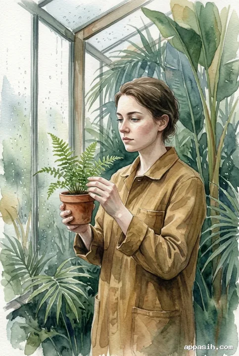 Detailed watercolor portrait of the same botanist gently examining a potted fern inside a rain-dappled conservatory with layered tropical foliage.