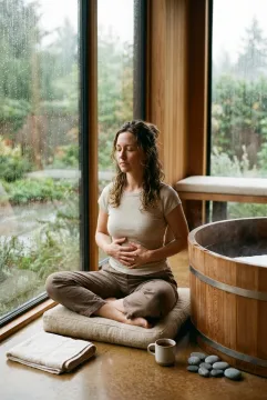 Woman practicing mindful breathwork beside a steaming cedar soaking tub in a rainy cinematic wellness retreat.