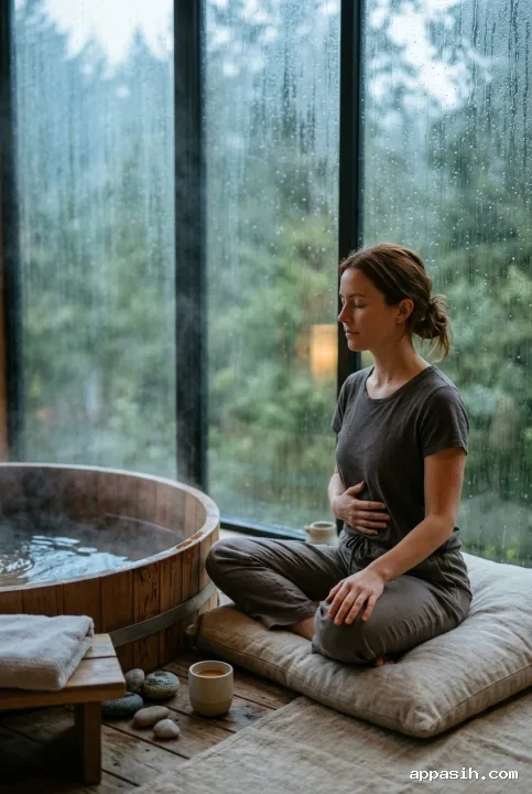 Closer cinematic view of a woman practicing breathwork beside a steaming cedar tub while rain falls outside a tranquil wellness retreat.