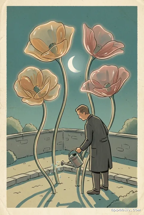 A closer three-quarter view of a moonlit gardener watering three towering translucent glass poppies in the same surreal walled garden, rendered as a textured Retro Illustration.