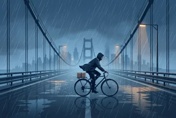 Lone bicycle courier carrying a parcel across a rain-soaked suspension bridge at midnight in a cinematic vector illustration with misty city lights.