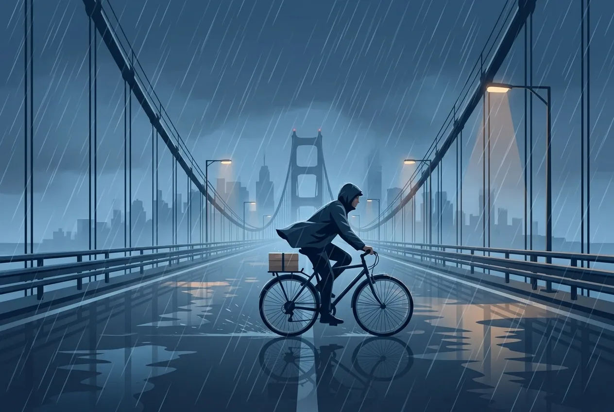 Lone bicycle courier carrying a parcel across a rain-soaked suspension bridge at midnight in a cinematic vector illustration with misty city lights.