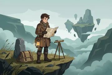 Lantern cartographer studying a map beside a brass surveying tripod on a floating island above a misty valley in 2D vector illustration style.