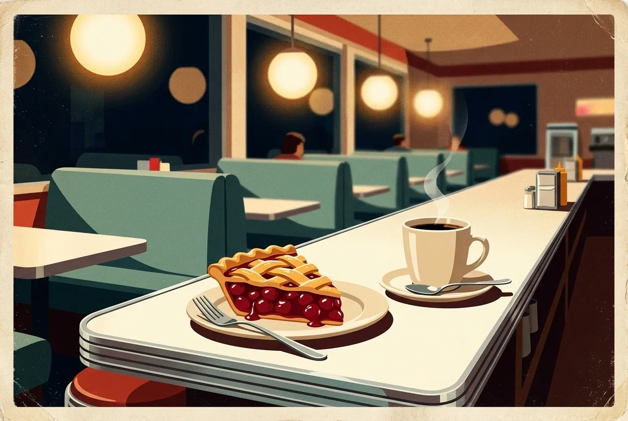 Cherry pie slice and steaming black coffee on a nighttime diner counter rendered as a retro Vintage Poster.