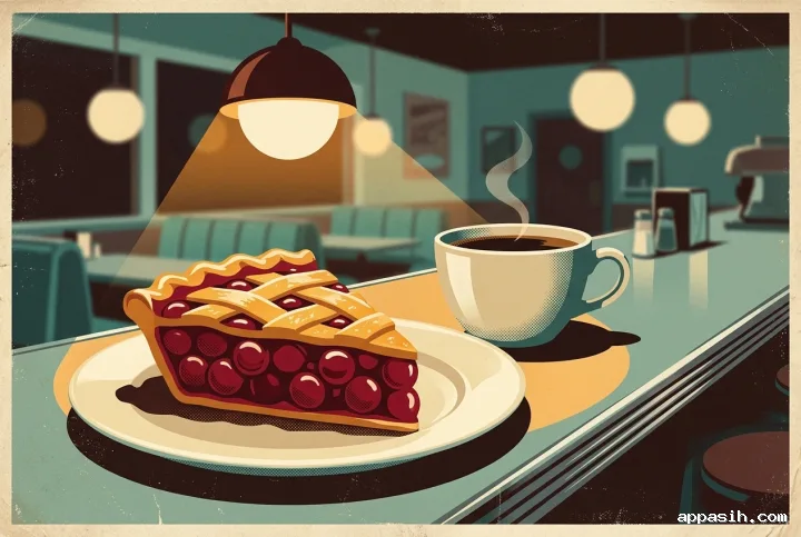 Close three-quarter view of cherry pie and steaming coffee on a late-night diner counter in a textured retro Vintage Poster style.