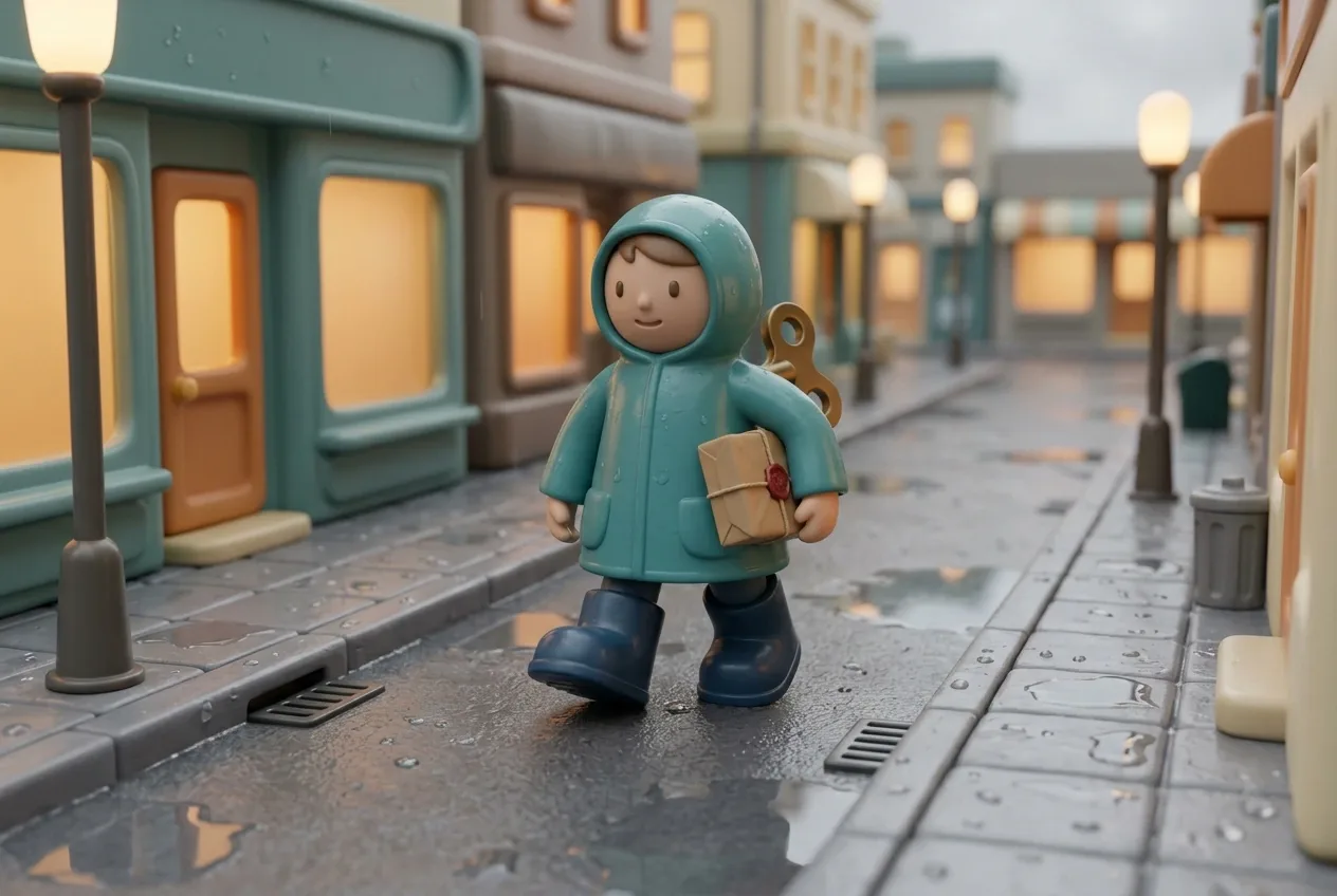 A clockwork courier character in a teal raincoat carries a parcel through a rainy miniature city rendered in polished 3D Plastic Toy Style.