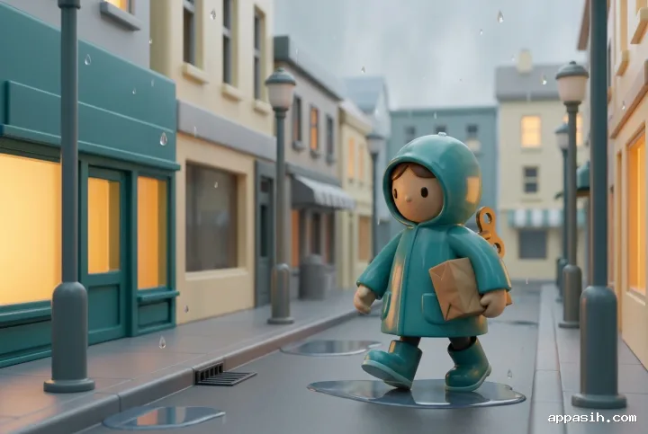 A clockwork courier character steps across a puddle with a sealed parcel in the same rainy miniature city, shown from a lower three-quarter angle in detailed 3D Plastic Toy Style.