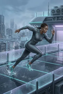 Sprint athlete running on a wet futuristic rooftop training track with glowing lane markers and a misty high-tech city skyline.