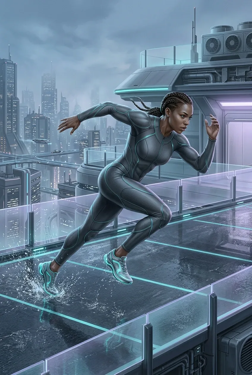 Sprint athlete running on a wet futuristic rooftop training track with glowing lane markers and a misty high-tech city skyline.