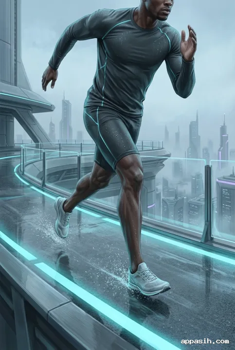 Low-angle view of a sprint athlete accelerating across the same wet futuristic rooftop track with cyan lane lights, rain droplets, and a misty advanced city behind.