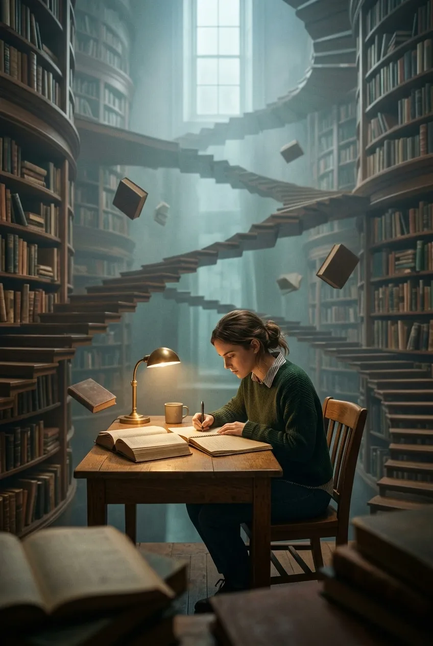Student studying at a wooden desk inside a surreal floating library with staircase-shaped bookshelves and suspended books.