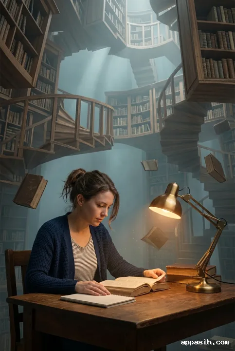 Student reading at a wooden desk in a surreal floating library, framed beneath towering staircase-like bookshelves and softly suspended books.